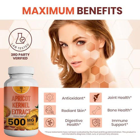 Nourishing Nutrients - Extrato de Sementes de Damasco Orgânicas – Núcleo Puro 500mg – Antioxidante, Apoio à Saúde das Articulações e Intestinal