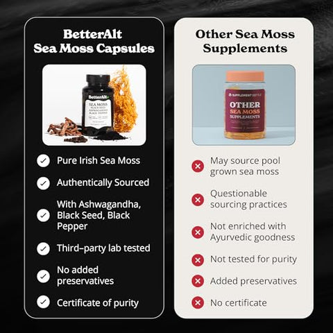 Better Alt - Cápsulas de Sea Moss – Sea Moss Irlandês com Óleo de Semente Preta e Ashwagandha | 100% Natural | 60 cápsulas | 500mg | Aumente sua saúde e vitalidade