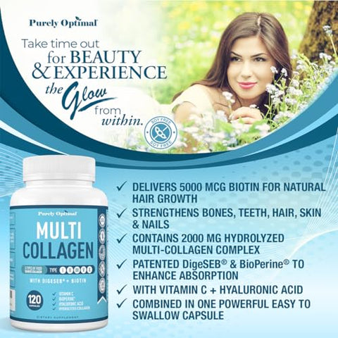 Purely Optimal - Premium Multi Colágeno Peptídeos (Tipos I, II, III, V, X) – Cápsulas de Colágeno para Cuidados com a Pele, Crescimento Capilar, Unhas – Marca em Destaque