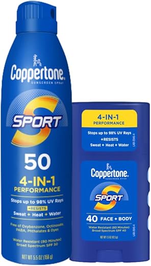 Sport Protetor Solar Spray, Amplo Espectro FPS 50 Resistente à Água, 155 ml e Coppertone Sport Protetor Solar Bastão, FPS 40, 42 g - Coppertone