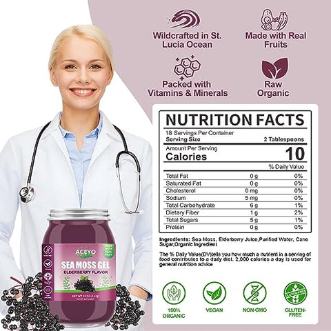 18 OZ) Gel de Musgo do Mar de Sabugueiro Irlandês Orgânico Cru Vegano Sabor 102 Vitaminas e Minerais Colhido na Natureza Reforço Imunológico para a Tireoide e Suporte Digestivo - ACEYO