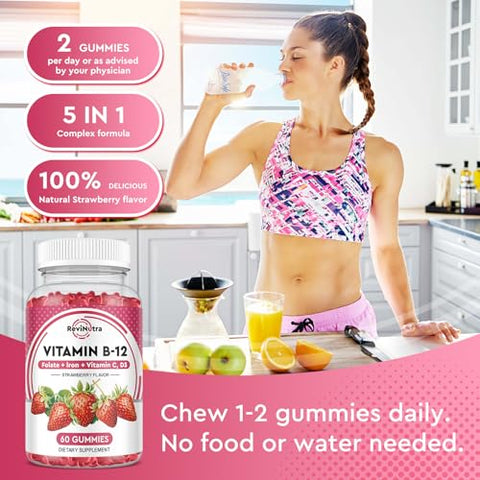 ReviNutra - Vitaminas B12 Gummies – 5000 mcg Methylcobalamin com Ferro, Vitamina C, D3