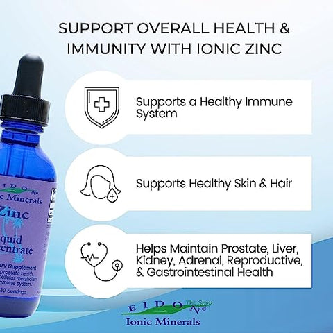Concentrado Líquido de Zinco Iônico – Suplemento de Zinco Iônico em Gotas para Adultos e Crianças – Suporte ao Sistema Imunológico, Cabelo e Pele, Saúde do Fígado e dos Rins – 60 ml, 2 Pacotes - Eidon Ionic Minerals