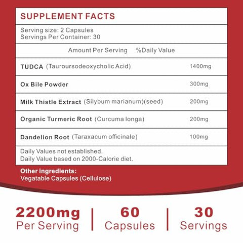 Uarcool - TUDCA 2200MG: Suporte ao Fígado, Desintoxicação e Saúde Digestiva – Ácido Tauroursodeoxicólico com Bile de Boi, Enzimas Digestivas – Não-OGM