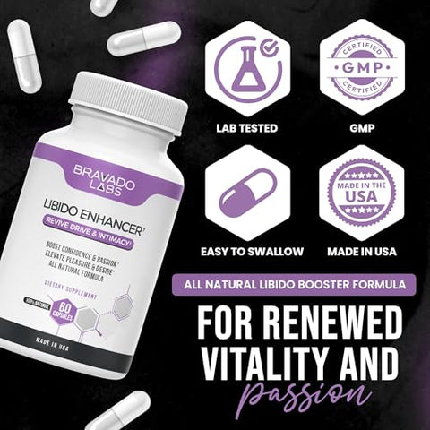 Bravado Labs - Libido Enhancer Feminino – Potencializador de Libido para Mulheres – Estimulante para Drive, Energia, Humor, Intimidade e Desempenho – com Maca Peruana, Ashwagandha, Dong Quai – 60 cápsulas