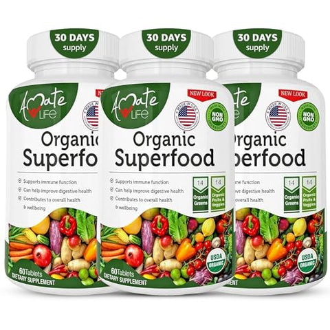 Amate Life - Complexo de Frutas e Vegetais Verdes Superfood Orgânico – Melhor Suplemento Alimentar com 14 Verdes