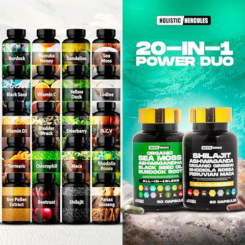 Holistic Hercules - Premium Combo Bundle – Sea Moss 9000mg, Black Seed Oil 6000mg, Ashwagandha 3000mg, Shilajit 12000mg, Black Maca 4000mg, Beetroot 1000mg, Pacote de Suplementos All in 1