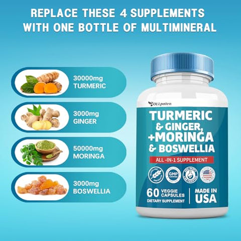 OLLpaten - Turmeric Curcumin 30000mg Moringa 50000mg Ginger 3000mg Boswellia 3000mg Saffron 2000mg – Suplemento All-in-One para Mulheres e Homens com Quercetina, Cereja Tart, 60 Cápsulas