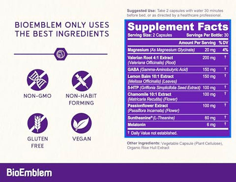 Aid Natural para Dormir para Adultos com Melatonina, Raiz de Valeriana, Suntheanine – 60 Cápsulas - BioEmblem