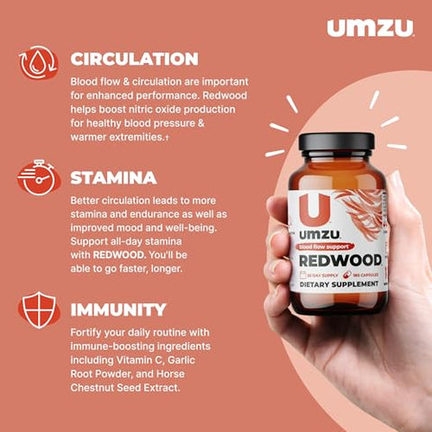 Redwood – Suplemento de Óxido Nítrico Natural para Suporte ao Fluxo Sanguíneo com Vitaminas e Alho | 60 cápsulas - UMZU