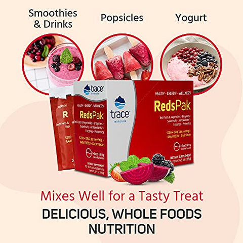 Reds Pak | Pó de Bebida de Super Alimentos | Polifenóis, Antioxidantes, Frutas, Vegetais, Probióticos | Suporte para o Intestino e Energia | Sabor de Frutas Vermelhas | Marca Trace Minerals - Trace Minerals