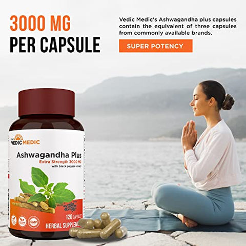 The Vedic Medic - Ashwagandha Orgânica Cápsulas Extra Forte 3000mg com Extrato de Pimenta Preta – Alívio do Estresse, Melhora do Humor, Suporte Energético – Não-OGM, Vegano, Sem Glúten (120)