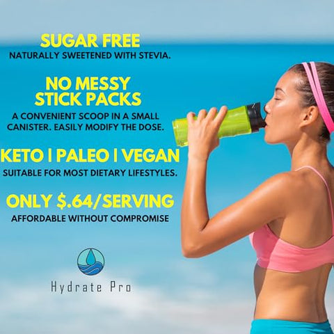 Hydrate Pro - Pó Hidratante de Eletrólitos sem Açúcar para Keto, Paleo – Marca: Electrolyte Hydration – 100g