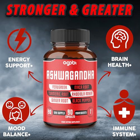 agobi - Ashwagandha Extrato Cápsulas 8050mg – 7 Ervas Combinadas Fenacho, Maca, Cúrcuma, Rodiola, Gengibre | Potencialize sua saúde com a marca líder