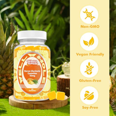 Well&Whole - Gomas de Boron Glycinate 10mg, CoQ10 100mg, Auxiliam na Absorção de Cálcio e Magnésio, Interações com Vitamina D, 60 Unidades