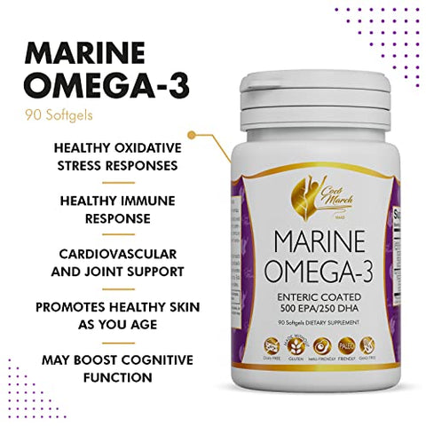 Cocó March N.M.D - Coco March Marine Omega-3 – ALTA POTÊNCIA 500 mg EPA / 250 mg DHA Revestido Entérico, Sem Sabor de Peixe, Sem Glúten, Sem Lactose, Amigo do Paleo, Amigo do Keto, Livre de Transgênicos – 3 MESES