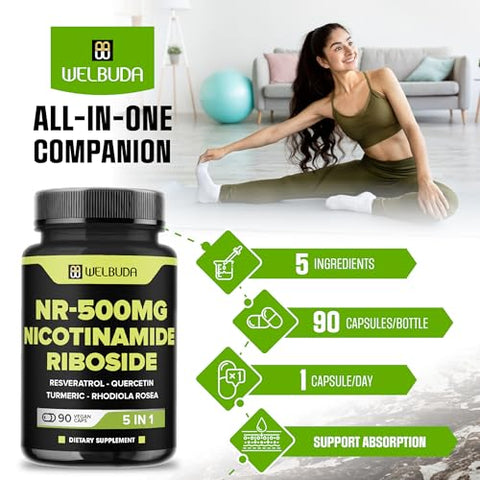 WELBUDA - NAD Nicotinamide Riboside com Resveratrol, Quercetina, Cúrcuma, Rhodiola Rosea – Produção Celular, Vitalidade Geral, Saúde do Envelhecimento – 90 Cápsulas para 90 Dias