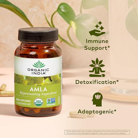 ORGANIC INDIA - Suplemento Vitamínico Herbal Organic India Amalaki – Suporte Imunológico, Vitamina C, Vegano, Sem Glúten, Kosher, Ayurvédico, Antioxidante, Orgânico Certificado pelo USDA, Não-OGM – 90 Cápsulas