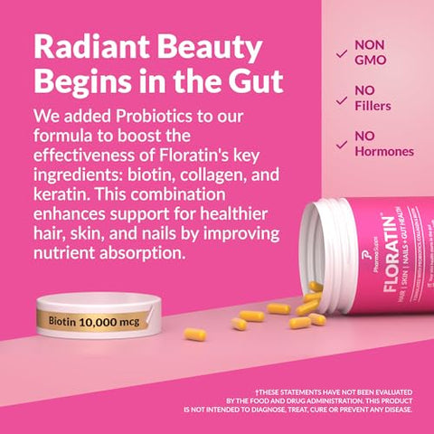 PharmaSupps - FLORATIN – Vitaminas para Cabelo, Pele e Unhas com Biotina | Colágeno | Queratina | Probióticos – Vitaminas de Biotina