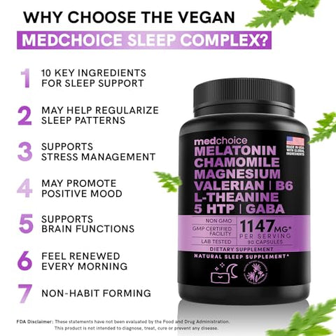 MEDCHOICE - 10 em 1 Cápsulas de Melatonina – Auxílio Natural para o Sono de 5mg para Adultos com L Teanina, 5 HTP, GABA, Raiz de Valeriana, Camomila, Vitamina B6, Magnésio para Suporte ao Sono – Sono