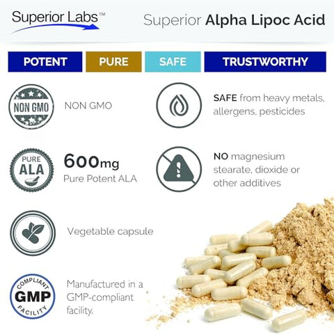 Alpha Lipoic Acid 600mg – Suprimento de 4 Meses – 120 Porções – Sem Aditivos Sintéticos – Suporta o Envelhecimento Saudável, Saúde Nervosa, Formigamento nos Pés e Mãos - Superior Labs