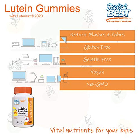 Doctor's BEST - Gomas de Luteína Doctor’s BEST com Lutemax 2020, 60 unid, Suplemento Natural Mastigável para Suporte Ocular, Luteína de Calêndula, Zeaxantina, Saúde Ocular