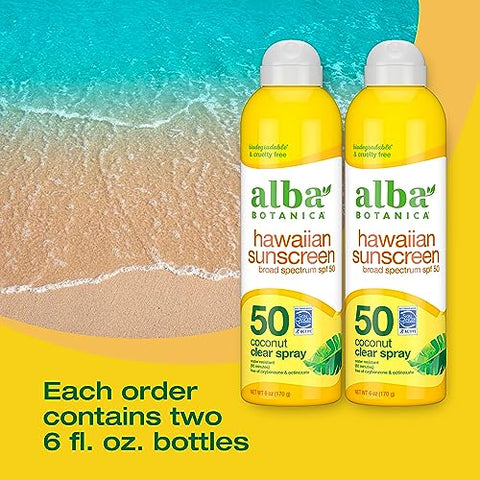 Protetor Solar em Spray Alba Botanica para Rosto e Corpo, FPS 50, Coco Havaiano, Resistente à Água e Biodegradável, 177 ml (Pack com 2 unidades)