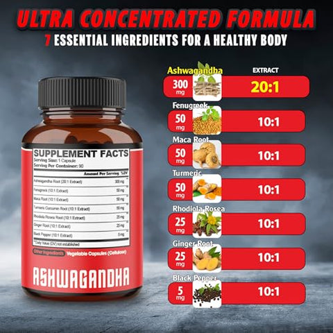 agobi - Ashwagandha Extrato Cápsulas 8050mg – 7 Ervas Combinadas Fenacho, Maca, Cúrcuma, Rodiola, Gengibre | Potencialize sua saúde com a marca líder