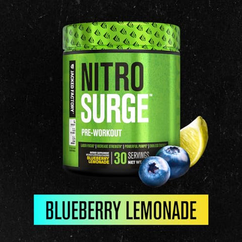 NITROSURGE – Energia Infinita, Ganho Instantâneo de Força, Foco Claro, Bombas Intensas – Impulsionador de Óxido Nítrico, Pó Energético Pré-Treino Poderoso – 30g - Jacked Factory