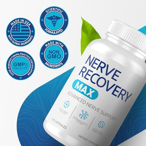 Nerve Recovery Max - Suplemento de Suporte Nervoso, 60 Cápsulas para o Sistema Neurológico, Promove Fluxo Sanguíneo e Circulação, Não-OGM, Fabricado nos EUA, Suplementos para a Saúde Nervosa – 1 Pacote