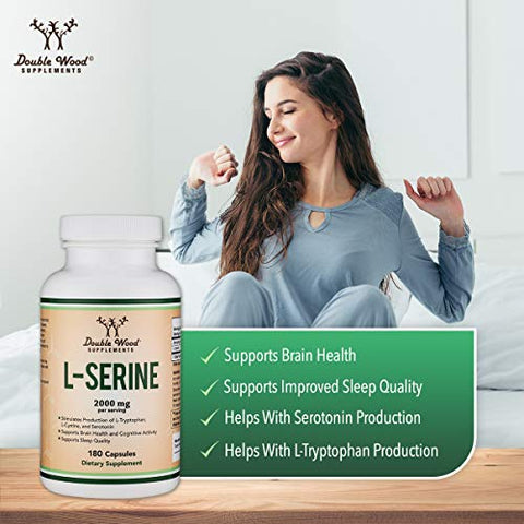 Double Wood Supplements - Cápsulas de L-Serina (Testadas por Terceiros) – 2.000mg por Porção Usadas em Estudo Clínico, 180 Unidades, 500mg por Cápsula (Aminoácido L-Serina para Produção de Serotonina e Suporte Cerebral)
