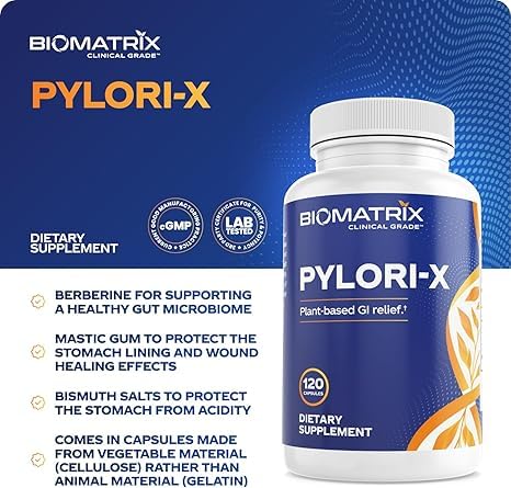 BioMatrix - Pylori-X: Defesa contra H. Pylori | Chá Matula Alternativo c/ Mastic Gum, Berberine, Zinco Carnosina, Sais de Bismuto | Equilíbrio do Microbioma, Alívio Digestivo (120 Cápsulas)