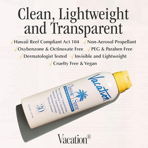 VACATION - Pacote de Protetor Solar em Spray Clássico para Férias, FPS 30, Protetor Solar em Spray de Amplo Espectro, Protetor Solar Vegano em Spray, Spray Corporal com FPS, Protetor Solar em Spray FPS 30, 177 ml