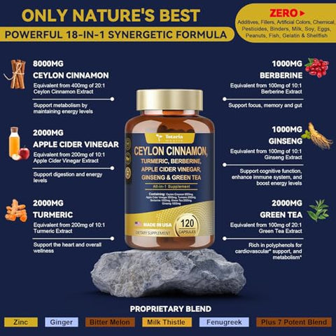 Totaria - Canela Ceylon 18-em-1 8000mg, Vinagre de Maçã 2000mg, Cúrcuma 1000mg, Berberina 1000mg, Ginseng e Melão Amargo para Intestino e Metabolismo