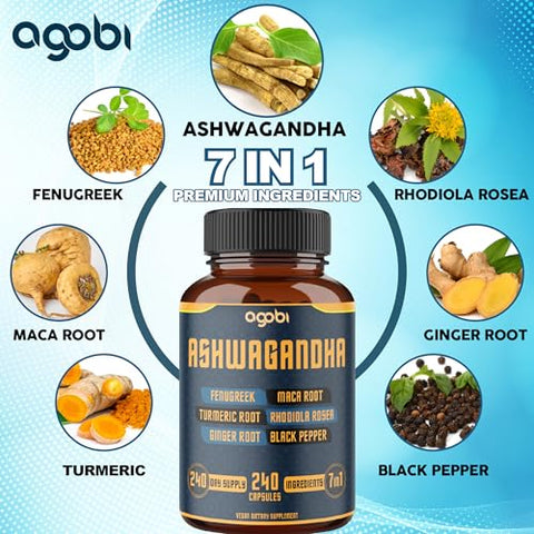 agobi - Ashwagandha 8050mg – 240 Cápsulas – 8 Meses de Fornecimento – 7 em 1 com Fenugreek, Maca, Cúrcuma, Rhodiola, Gengibre e Pimenta Preta – Suporte para Humor, Força, Espírito e Energia