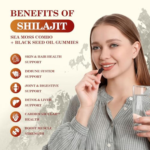 B BEWORTHS - Shilajit Resin Gummies: Suplemento de Musgo do Mar Irlandês com Óleo de Semente Preta, Ashwagandha e Ginseng Panax – 85 Minerais Traços