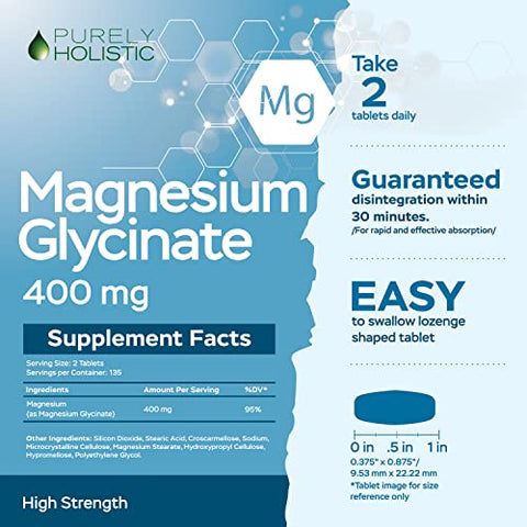 Purely Holistic - Magnésio Glicinato 400mg – 270 Comprimidos de Magnésio – 400 mg de Magnésio Elemental Vegano e Vegetariano
