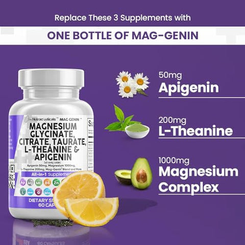 Clean Nutraceuticals - Magnésio Glicinato Complexo 1000mg com L-Teanina 200mg Apigenina 50mg Citrato de Taurato – 5-HTP GABA Flor de Maracujá Melissa L-Glicina Fosfatidilserina Ashwagandha