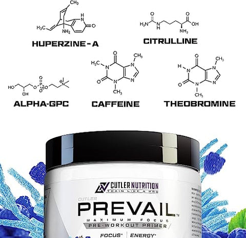 Cutler Nutrition - Prevail Pré-Treino em Pó com Nootrópicos: Melhor Pré-Treino para Homens e Mulheres, Suplemento Energético e de Foco de Ponta com L Citrulina, Alpha GPC, L Tirosina | Azul Azedo | 300g