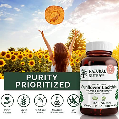 Suplemento Natural Nutra Lecitina de Girassol 2000 mg – Livre de Soja, Não-OGM, Sem Glúten 120 Softgels | Suporte à Função Hepática, Estimulante da Saúde Cerebral, Memória