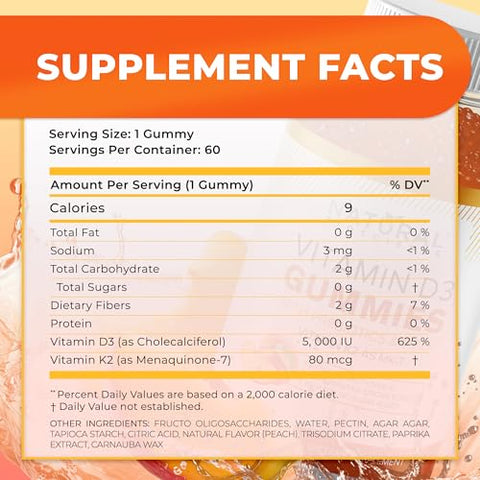 Natural BioScience - Gomas de Vitamina D3 K2 sem Açúcar – Gomas de Vitamina D3 5000 UI K2 MK7 80 mcg, Suplemento de Vitamina D K2 para Adultos, para Ossos, Imunidade, Coração, Humor, Sem Glúten, Não-OGM
