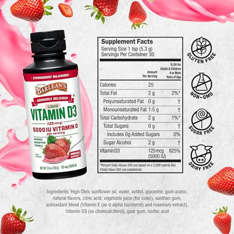 Barlean's - Barlean’s Pack 2 Vitamina D Líquida para Crianças e Adultos 5000 IU D3, Sabor Morango Milkshake Sem Açúcar, 160g Cada