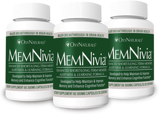 OxyNaturals - MemNivia – Suplemento para Memória, Foco e Pensamento Afiado – Ingredientes Premiados e Comprovados Clinicamente – 90 Porções (3 Frascos)