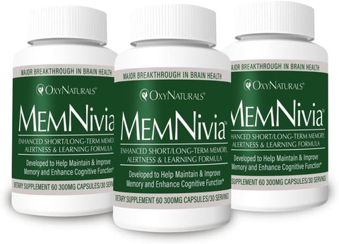 OxyNaturals - MemNivia – Suplemento para Memória, Foco e Pensamento Afiado – Ingredientes Premiados e Comprovados Clinicamente – 90 Porções (3 Frascos)