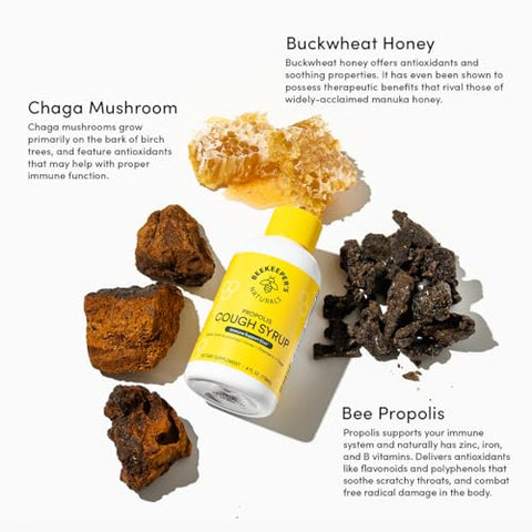 Beekeeper's Naturals - Xarope para Tosse Diurna de Mel de Própolis de Abelha do Apicultor Naturais para Adultos com Sabugueiro, Própolis de Abelha, Mel de Trigo Sarraceno – Suporte Imunológico