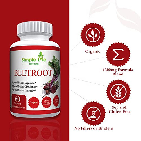 Simple Life Nutrition - Cápsulas de Pó de Beterraba Orgânica – Impulsionador de Óxido Nítrico para Homens  | 100% Natural e Potente
