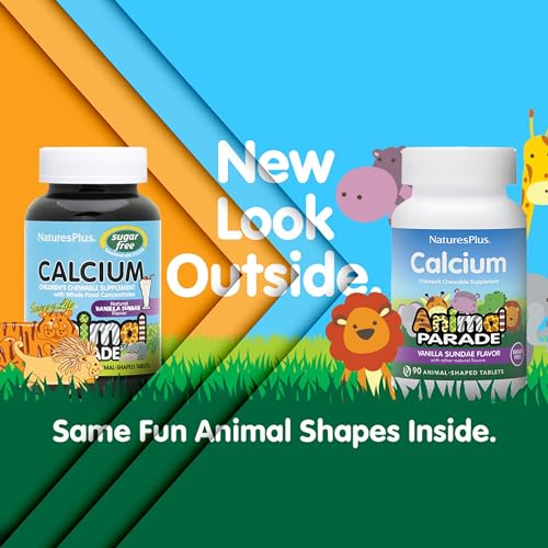 Natures Plus - NaturesPlus Animal Parade Cálcio Infantil Sem Açúcar, Sabor Sundae de Baunilha – 90 Comprimidos Mastigáveis em Formato de Animais – Magnésio para Saúde Óssea – Livre de Glúten – 45 Porções