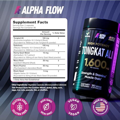 Alpha Flow - Tongat-Ali 1600MG – Suplemento de Longjack Tongat Ali para Homens – Extrato de Eurycoma Longifolia em Pó 100:1, Raiz de Maca, Óleo de Groselha Negra – 180 Cápsulas