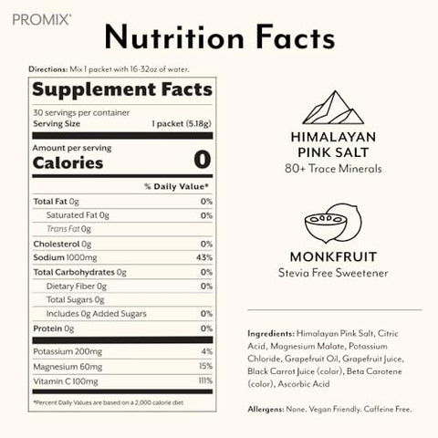 Pacotes de Hidratação em Pó de Eletrólitos | Sal Rosa do Himalaia, Magnésio, Potássio, Vitamina C | Sem Açúcar – 30 Unidades - ProMix Nutrition