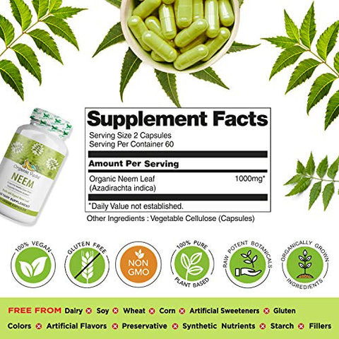 Neem Capsules 1000mg – Suplemento Herbal Orgânico Feito com Pó de Folha de Neem Ayurvédico da Índia – Suporta Pele Radiante, Imunidade, Desintoxicação e Resposta Inflamatória Saudável - Organic Veda